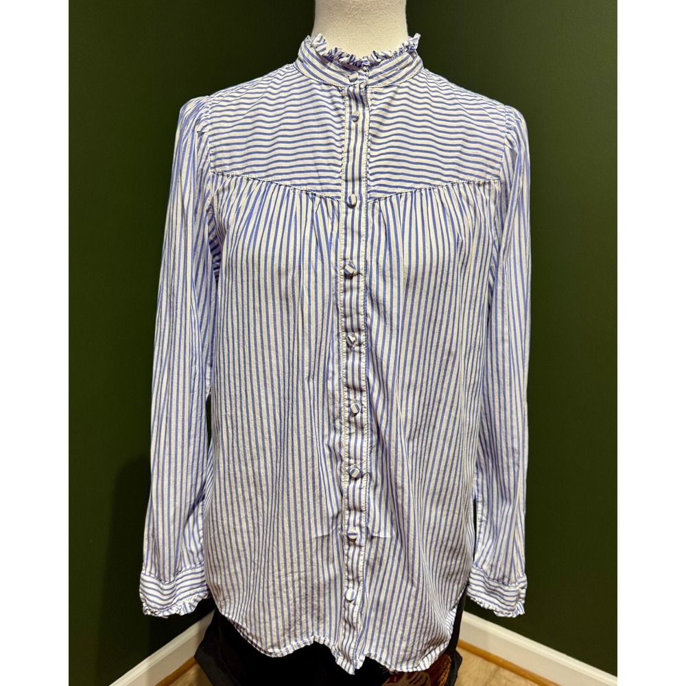 J. Crew Blue &‎ White Striped Button Up Ruffled Collar Long Slv Blouse Women's M